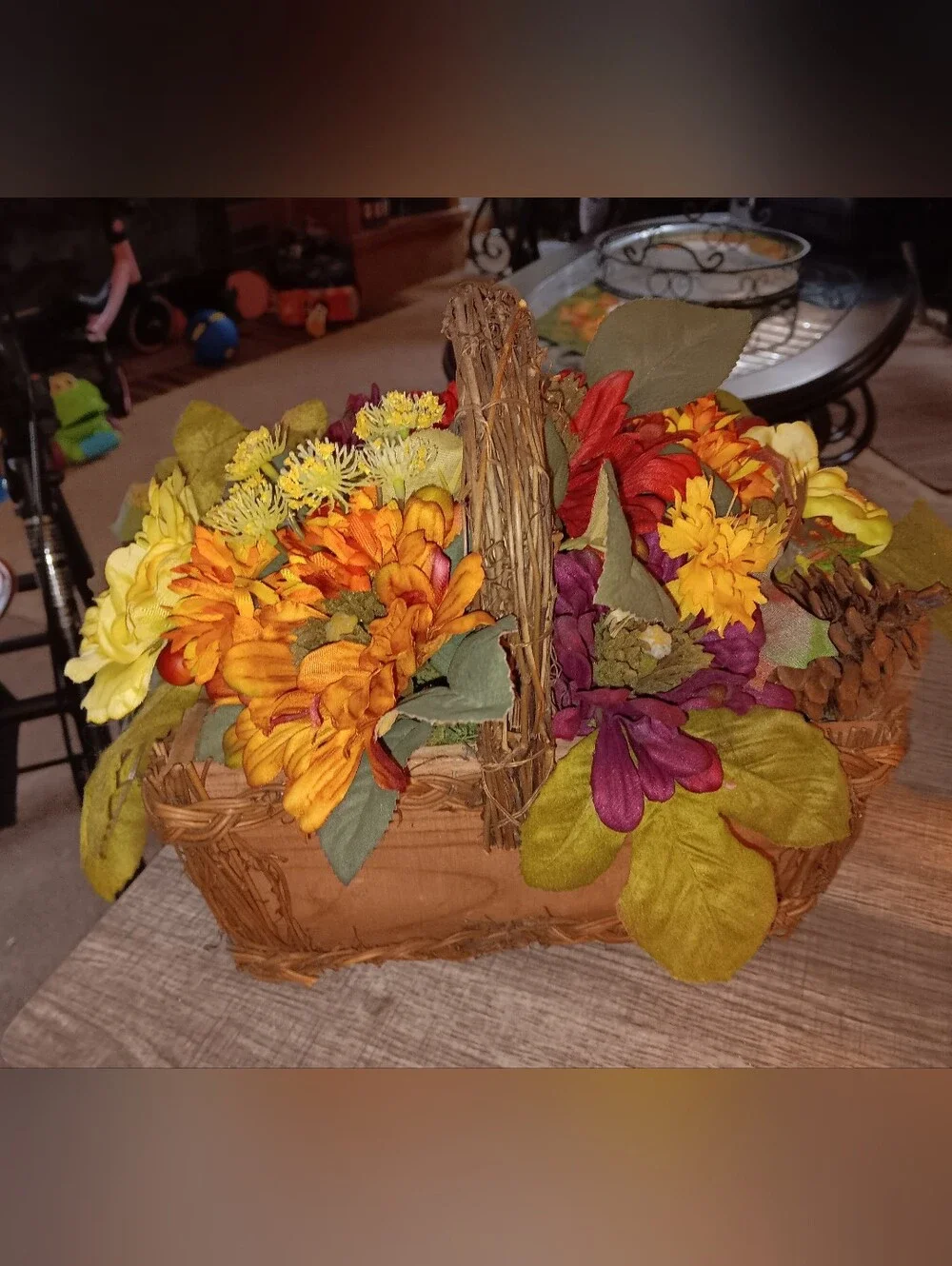 Autumn-Inspired Faux Floral Basket - Orange, Yellow & Purple